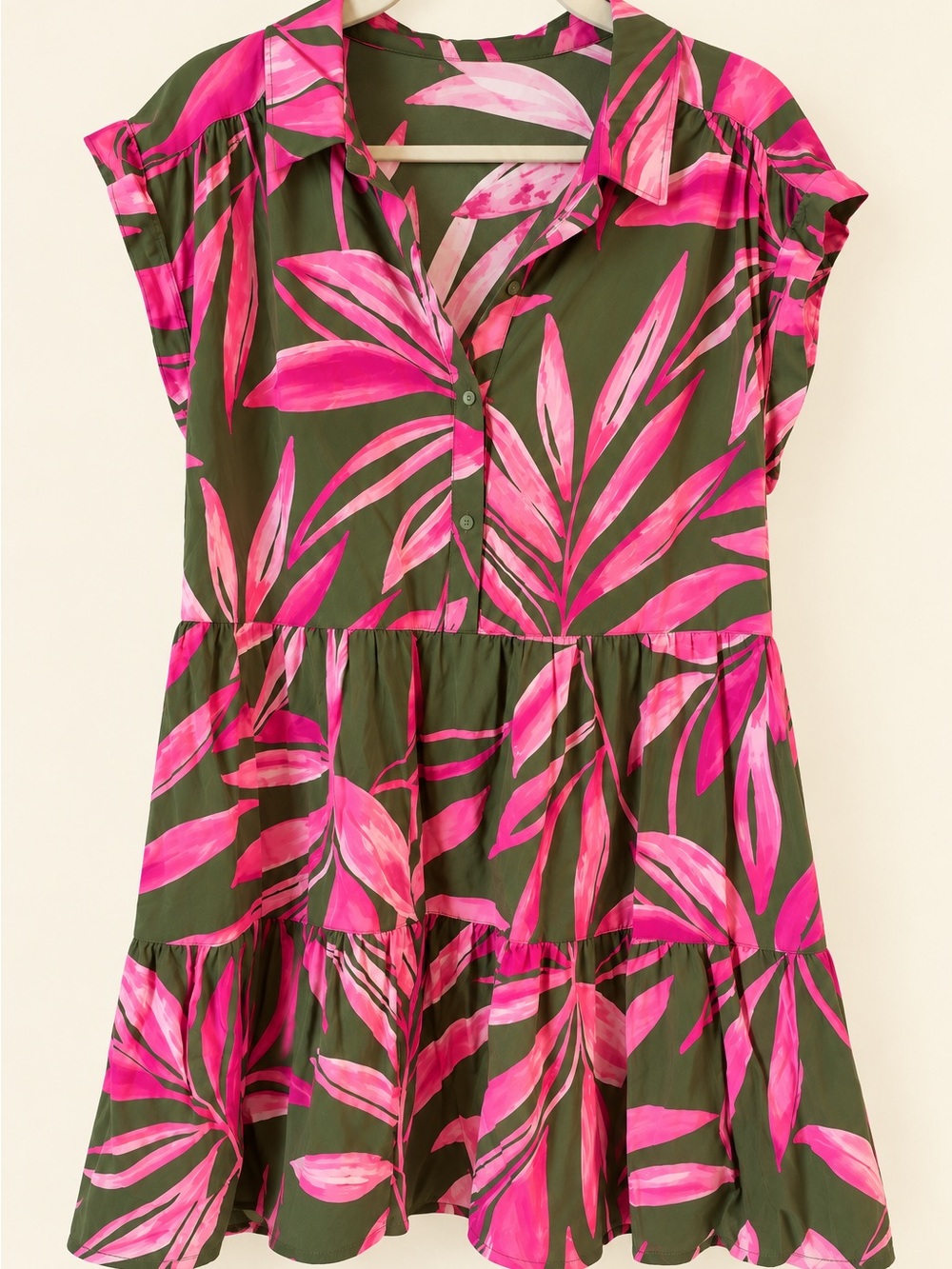 Time and Tru Olive and Hot Pink Tropical Leaf Tiered Dress